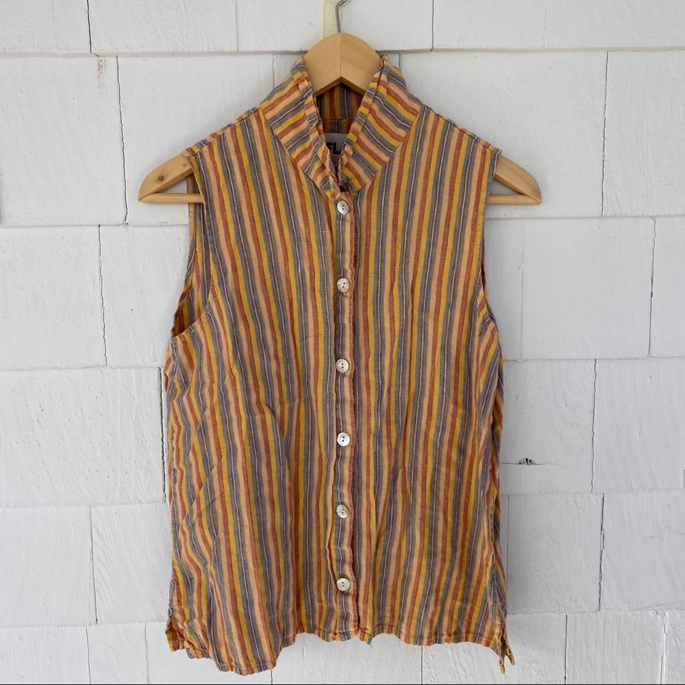 Flax Striped Sleeveless Button Down Linen Shirt